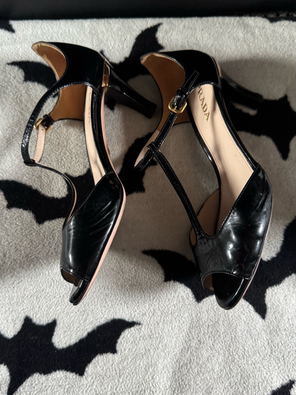 Prada Black Patent Leather T-Strap Peep Toe Heels - Picture 5 of 8